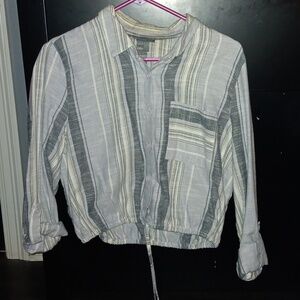 Womens Cotton Striped Roll Tab Sleeve Blouson Top